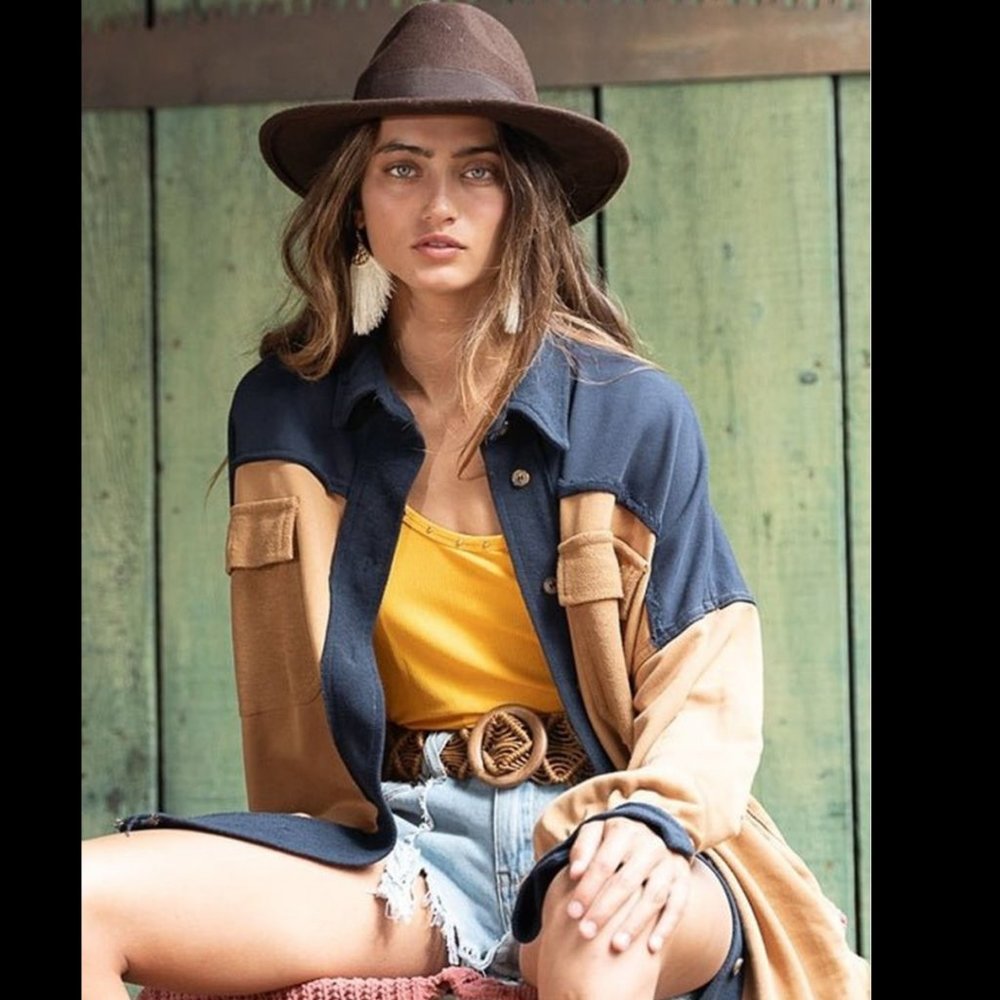 POL Boho Style Camel and Navy Blue Button Down Shacket